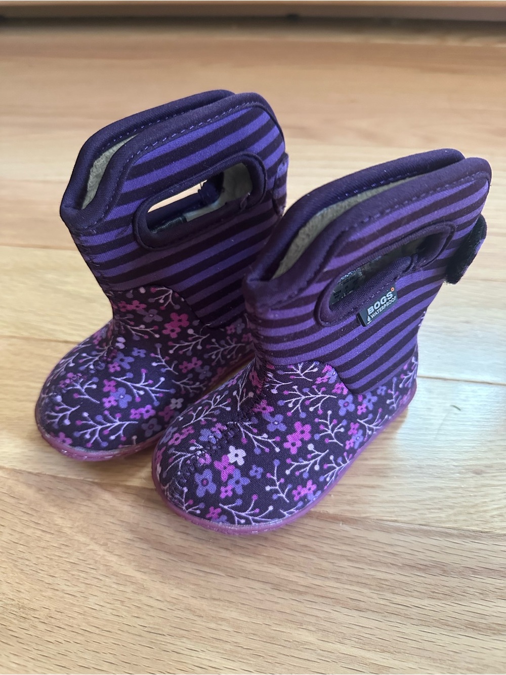 Bogs Kids Purple Floral & Stripe Pull-On Waterproof Boots
